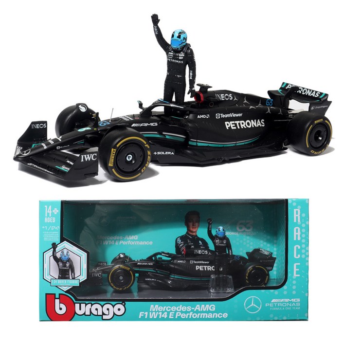 브라고 124 벤츠 AMG Petronas Team W14 E Performance 63번 머신  피규어 F1 모형, 1개