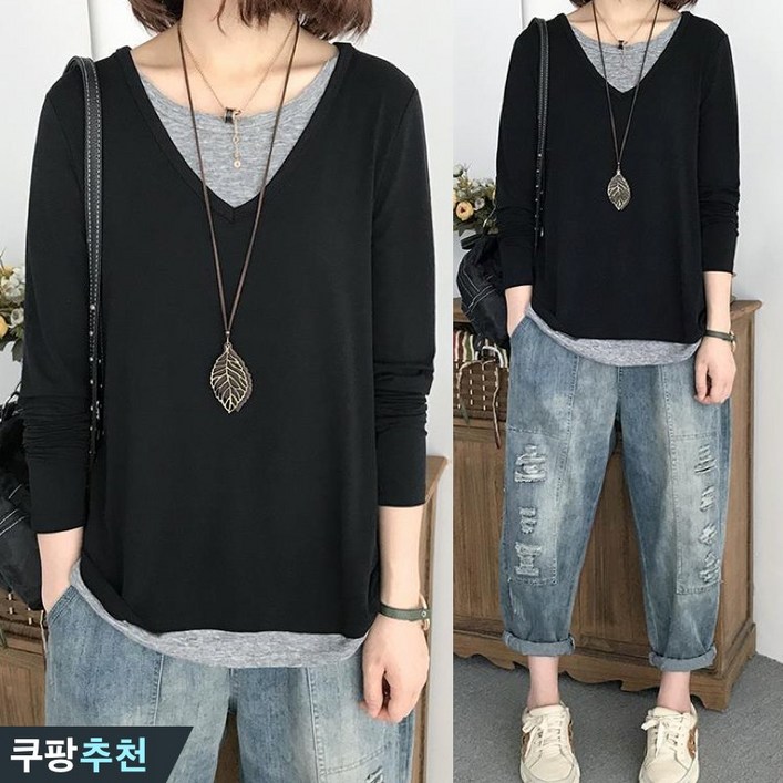 50할인 100kg까지 빅사이즈 여성 루즈핏 페이크 레이어드 패션을 긴팔티 풀오버 봄 가을 편한 젊어 보이는 오버핏 상의 루즈핏 이쁜곳 인스 데일리 간절기 이어붙이다 티셔츠