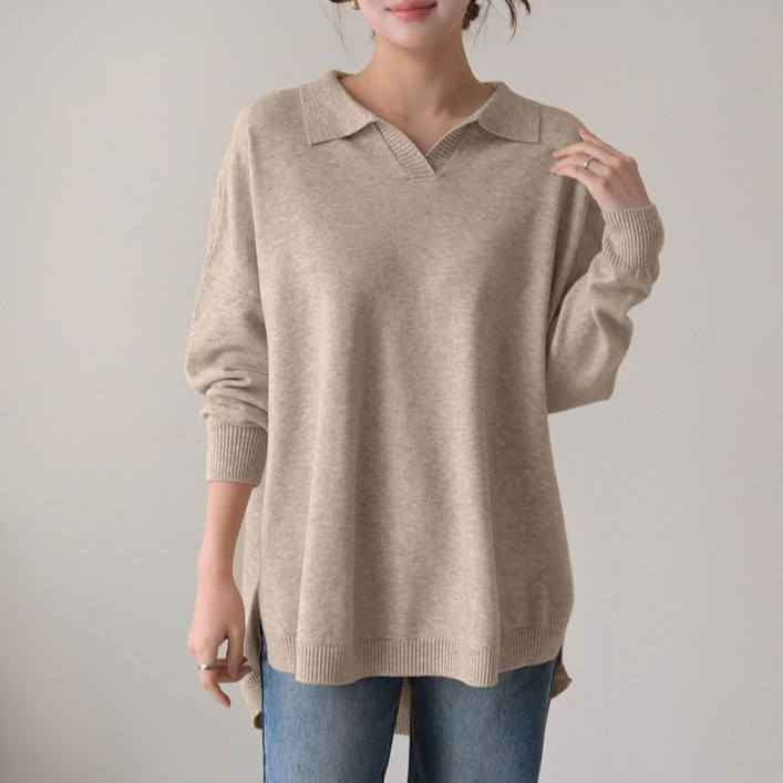 데일리앤 키싱 여성 루즈핏 카라 브이넥 무지 니트 티셔츠 부드러운 기본 트임 언발 롱 니트티 가을