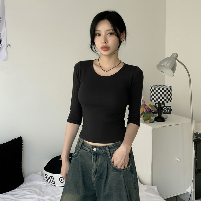 기본템5col 얼스 베이직 라운드넥 7부 무지 티셔츠