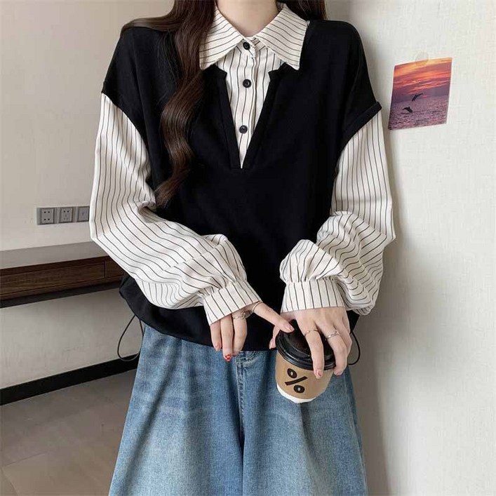 AOKADA 여성 레이어드 스트라이프 카라 셔츠 긴팔 맨투맨 티셔츠