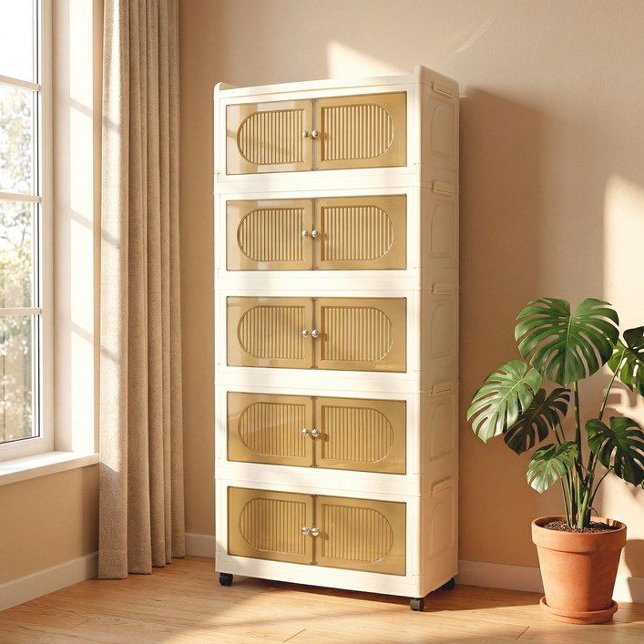 SHEU 플라스틱 리빙박스 접이식 다용도 이동식 수납장 대용량 정리함 거실 부엌 침실 폴딩박스 3단 4단 5단 수납장, 투명, 5개