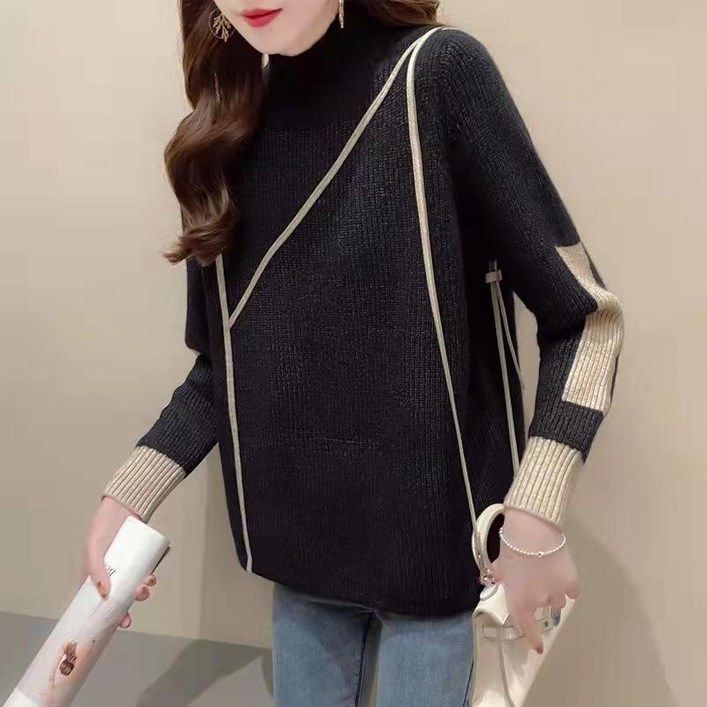 반 높은 목 느슨한 니트 탑