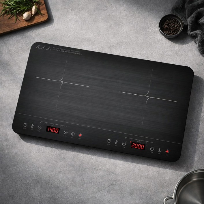 독일브랜드 대형 2구 와이드 인덕션 전기레인지 2000W 더블화구 안전 타이머 터치식 가정용 휴대용 식탁 위 샤브샤브 전골 자취 필수템 라면 끓이기 고기 불판 인테리어, 일반형, 더 셰프 2구 인덕션