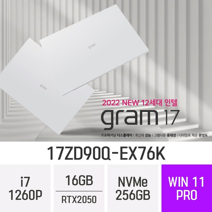 [RTX2050 탑재] LG전자 그램17 17ZD90Q-EX76K 인텔 12세대 최신 가벼운 오토캐드 17형 고사양 기업 전문가용 노트북 *무선마우스+오피스밸류팩 증정*, 16GB, WIN11 PRO, 256GB