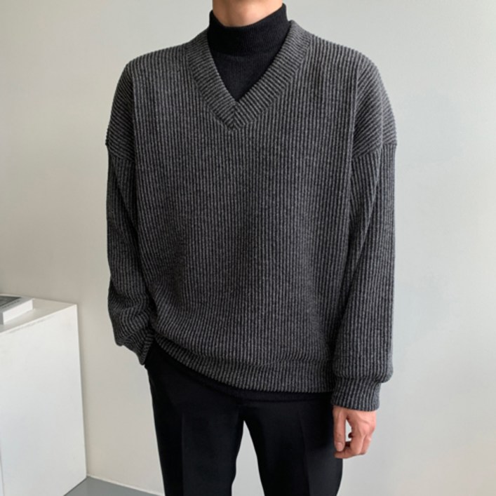 남자 제인드 브이넥 오버핏 니트 긴팔 스웨터 티셔츠 옷 가을 겨울 간절기 옷 코디