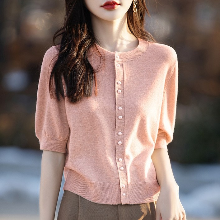 JBHLZXCP 여성 반팔니트 여름 반팔 가디건 라운드넥 퍼프소매 니트반팔 얇은 니트탑 예쁜 진주 단추 니트 티셔츠