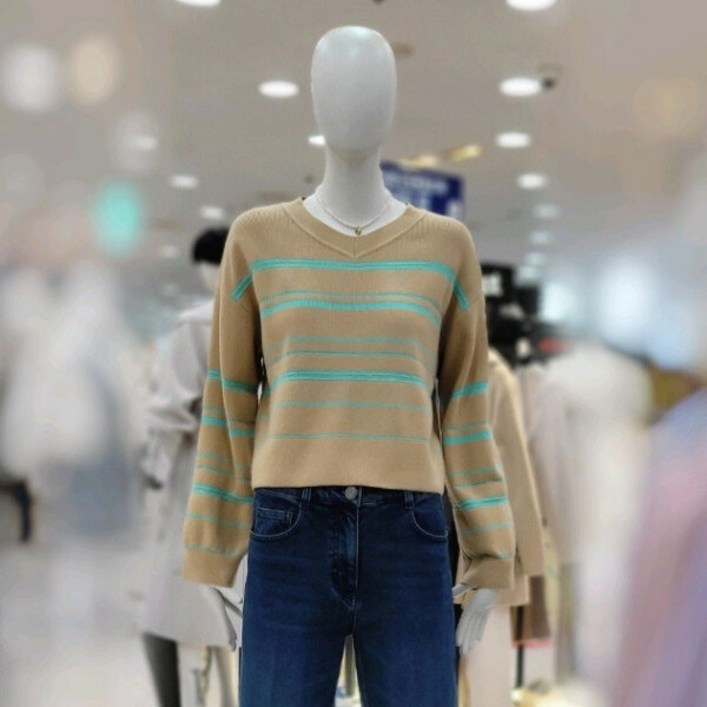 스트라이프 브이넥 크롭니트C231KSK002베이지DG 382618