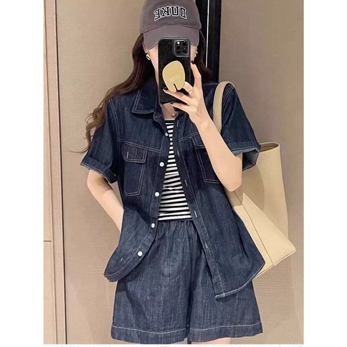 쩐쿠 여성 카라넥 단추 데님 자켓 반바지 투피스 상하세트 KA039