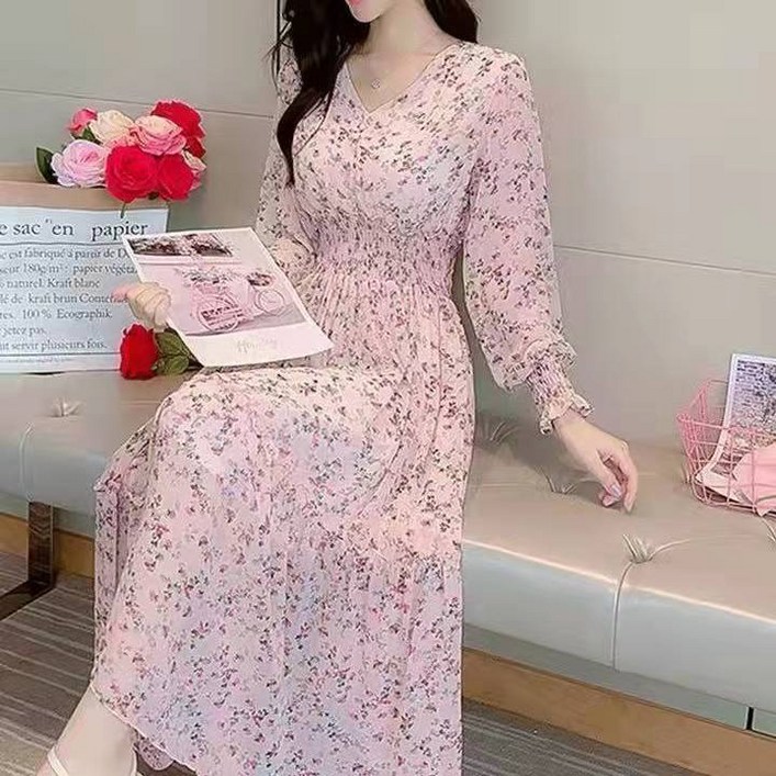 여성 쉬폰 플라워  롱원피스 브이넥 허리 라인 슬림 봄 가을 겨울 원피스 셔링 데이트룩 빅사이즈 원피스2xl