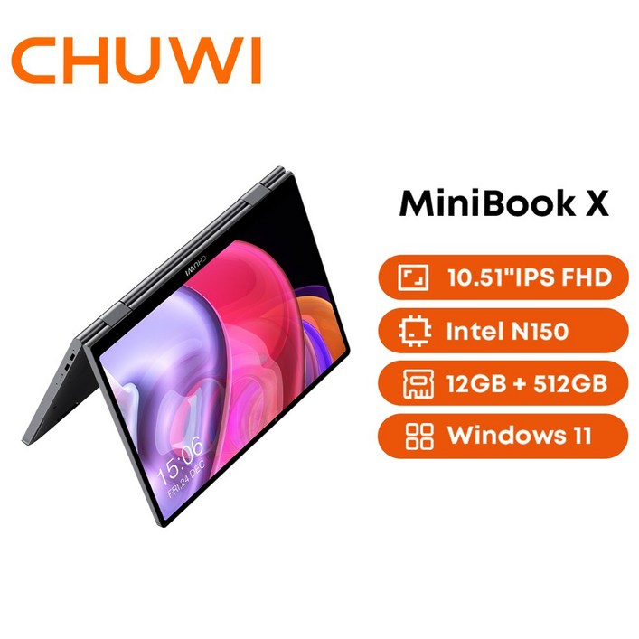CHUWI MiniBook X 10.51인치 Win11 Intel N150 노트북 그레이 12G RAM 512G ROM 터치스크린 1920 x 1200 1610 IPS 디스플레이