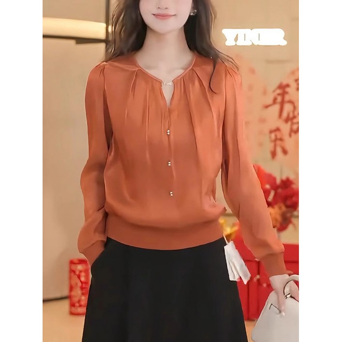 2025 봄 비즈 버튼 샤틴 셔츠 여성용 우아한 V넥 티셔츠