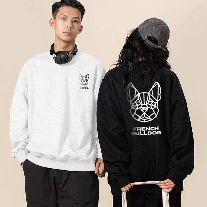 FONOW 남녀공용 스탠다드핏 그라데이션 불독 후드티 프린팅 맨투맨