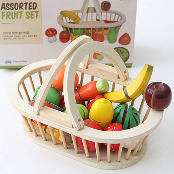 플레이맥스 원목 과일자르기 16종바구니포함 소꿉놀이 주방놀이