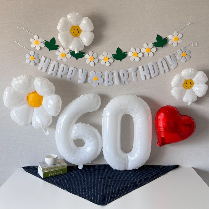 하피블리 환갑이벤트 화이트 숫자풍선 홈파티 환갑 칠순 생일파티용품 세트, 생일가랜드화이트