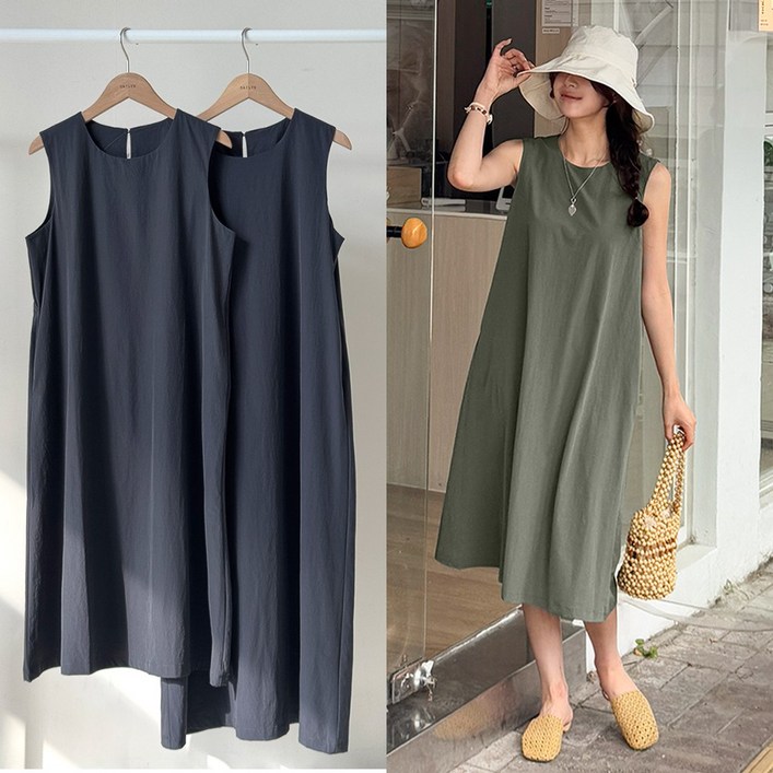 데일리앤 도미닉 기장선택 바스락 쿨 여름 냉감 민소매 롱 원피스 빅사이즈 시원한 키작녀 나일론 원피스