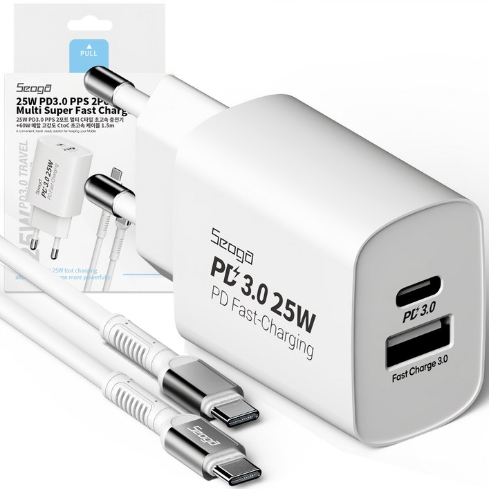 서가 25W PD3.0 PPS 2포트 멀티 C타입 초고속 충전기60W 메탈 고강도 CtoC 초고속 케이블 1.5m