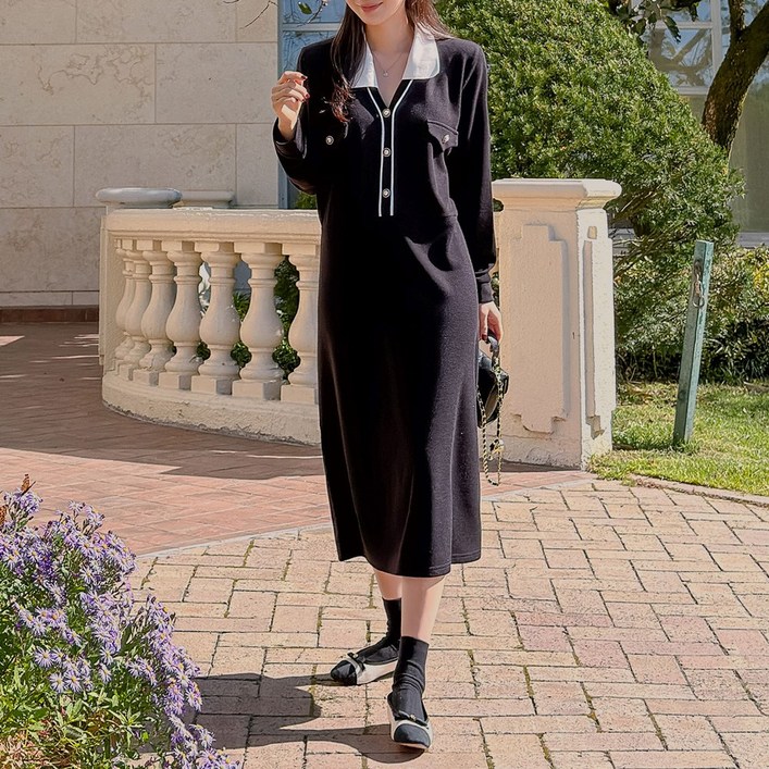 로로텐 진주버튼 배색 카라 롱 원피스 스판 여성 빅사이즈