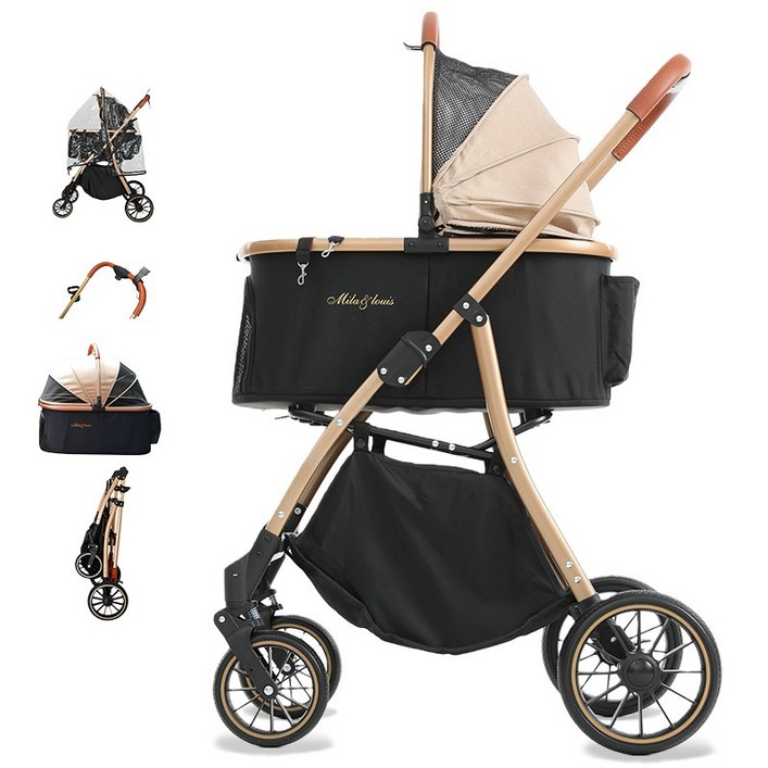 MILALOUIS 2025최신 강아지 유모차 애견유모차 원터치 퀵폴딩 강아지유모차 분리형 프리미엄 소중형견 접이식 개모차, 골드, 1개