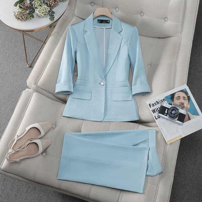 708090 봄여름 블루 정장 세트 빅사이즈 자켓 투피스