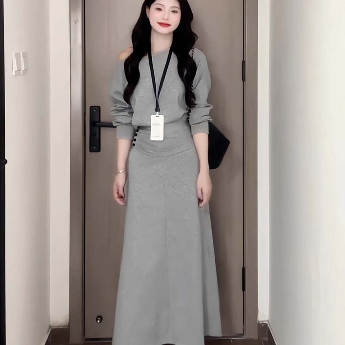 AOKADA 여성 원숄더 긴팔 티셔츠 A라인 스커트 투피스 트레이닝 가을 캐주얼 상하의 세트