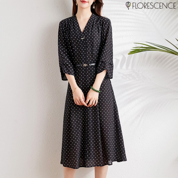 헬리꽁땡 여성용 봄 잔도트 브이넥 쉬폰 원피스벨트 루즈핏 여성정장 세트 5588까지