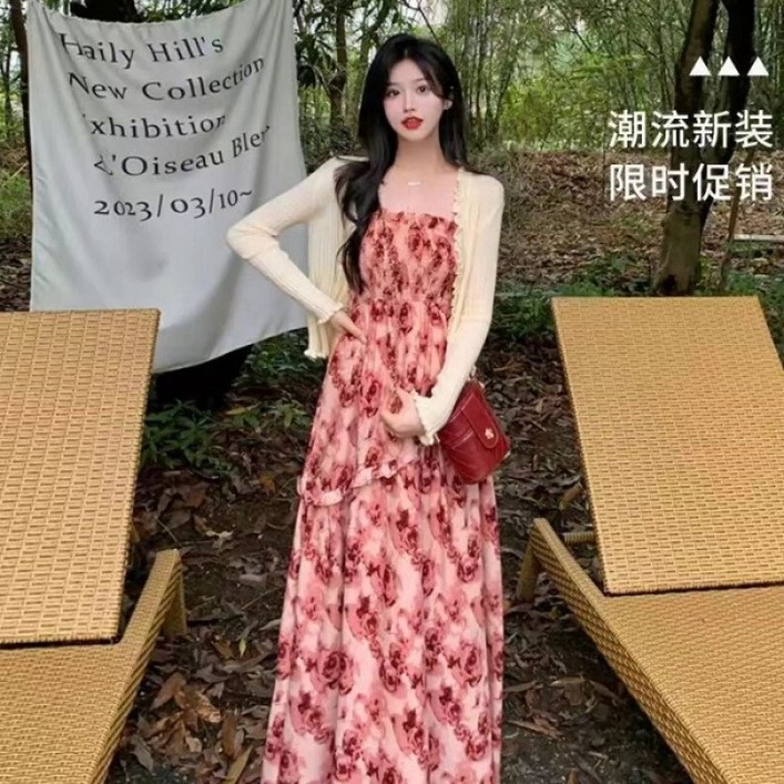 sullem11 여름 장미 꽃무늬 플리츠 서스펜더 드레스 여성 슬림 플레어 롱원피스 휴양지 리조트룩
