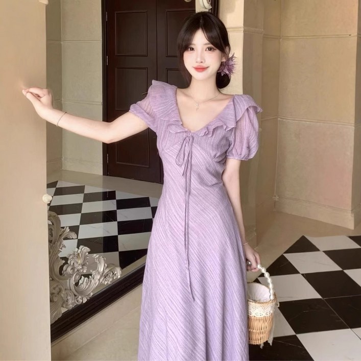 ZAJA 여성 여름 반팔 롱 원피스 쉬폰 자줏빛의 바캉스룩