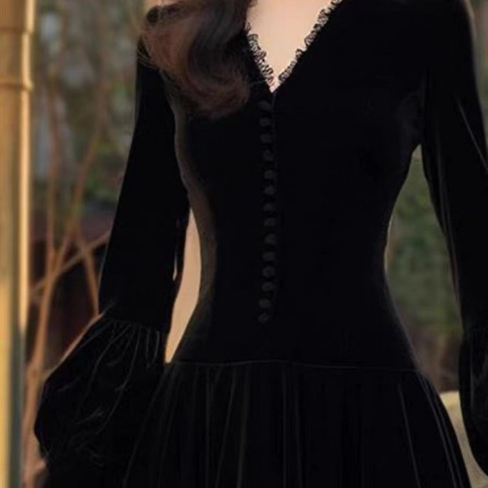 FANSYLI 봄가을 신상 벨벳원피스 트렌디 롱 브이넥 슬림원피스 여성 겨울 통근원피스 고급스러운 벌룬소매 드레스 X2408A8