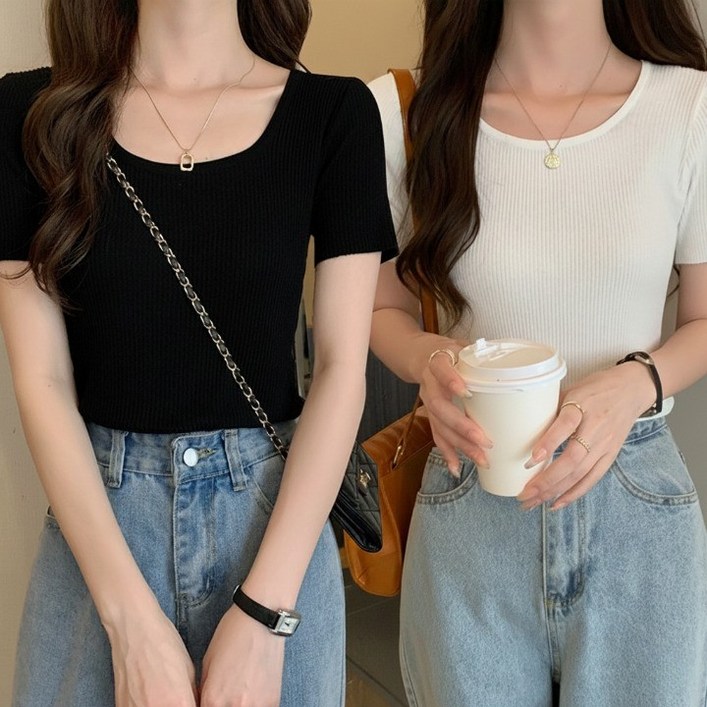 MU랑 여성 데일리 라운드 골지 니트 반팔