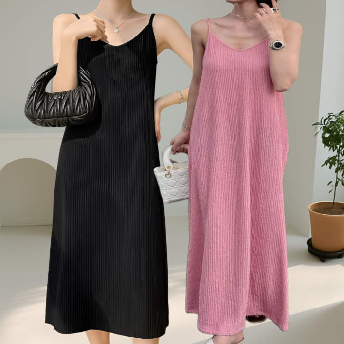 쁘띠엘라 찰랑스판 플리츠 끈나시 롱 원피스 휴양지 뷔스티에 2p