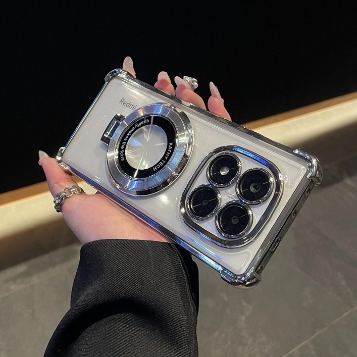 레드미 노트 14 프로 5G 케이스 고급 도금 스탠드 충격 방지 투명 포코 F7 11S 커버