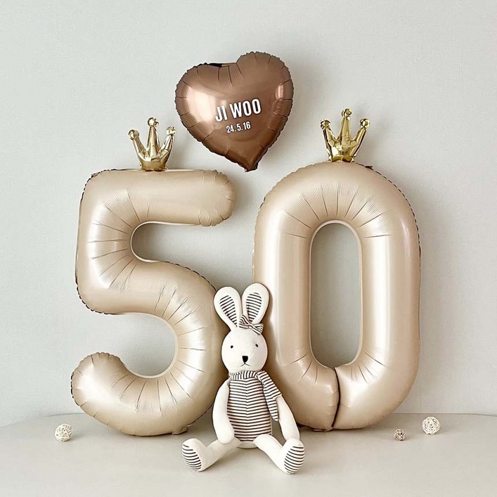 연지마켓 50일 셀프 촬영 하트 숫자 풍선 세트 이름 레터링 포함, 1세트, 베이지