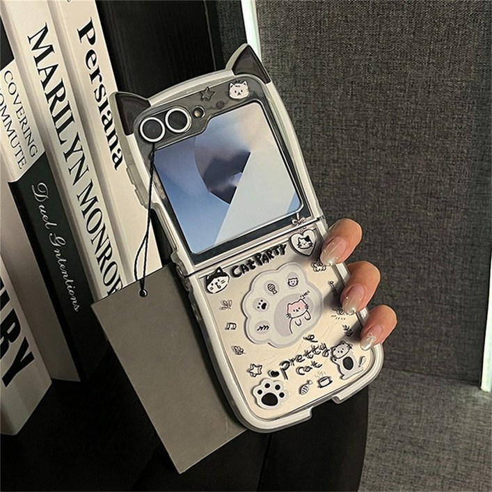 귀여운 고양이 귀 가장자리 클로 고양이 새끼 고양이 전화 케이스, 삼성 갤럭시 Z 플립 6 5 Z플립 6 Z플립 5 플립 5 플립 6 충격 방지 후면 커버