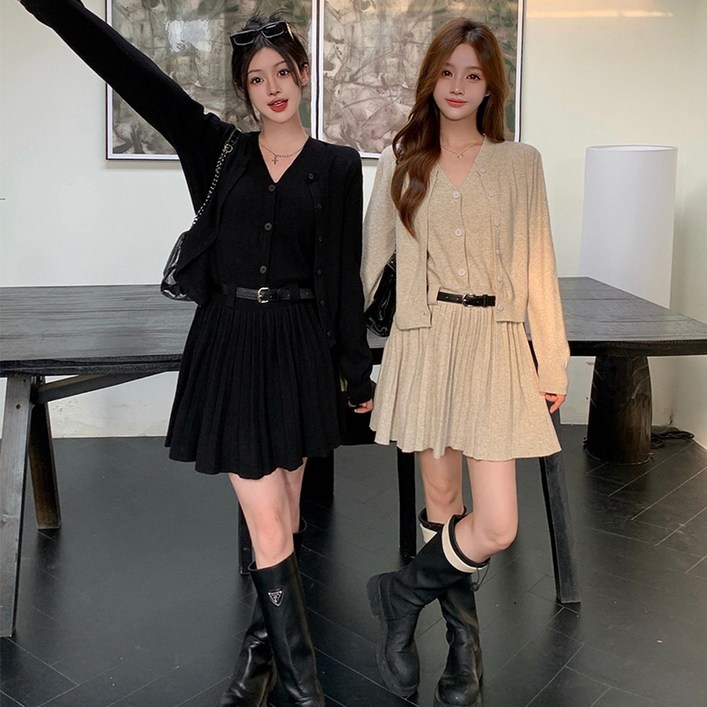 Yumico 여성 하객룩 니트 투피스 플리츠 치마세트 빅사이즈 고급 가을 가디건 니트 플레어 원피스 체형커버 투피스 면접룩 오피스룩 플리츠원피스