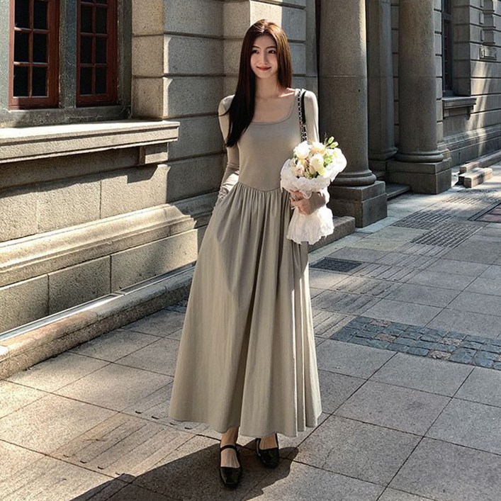 COSYEVNO 봄 여성 긴팔 롱 원피스 A라인 슬림핏 패션 부드러움 허리 조임 스퀘어넥 롱스커트 COSYEVNO 봄 여성 긴팔 롱 원피스 A라인 슬림핏 패션 부드러움 허리 조임 스퀘어넥 롱스커트