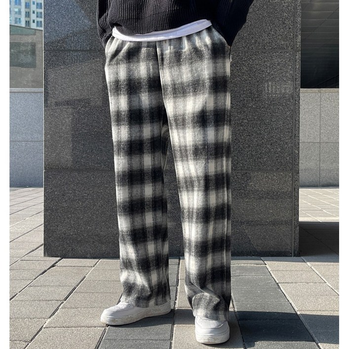 얼로우울 글렌체크 와이드 밴딩팬츠 겨울 남여공용 커플룩 캐주얼 트레이닝