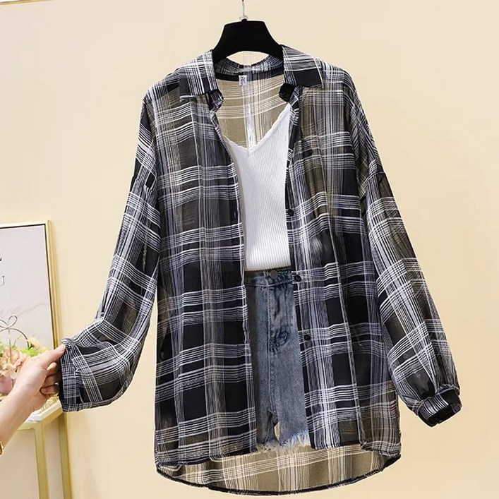 해피유통  여성 봄여름 체크 긴팔 셔츠 루즈핏 통기성 오픈카라bhf
