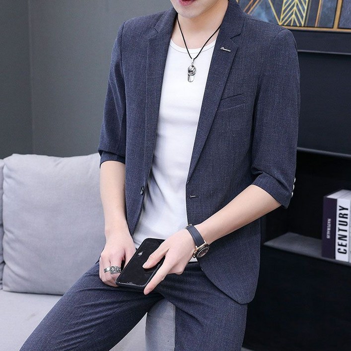 남자 여름 정장 세트 캐주얼 슬림핏 7부 소매 정장 재킷  정장 바지 고급 남성 세미 정장 세트 YJW
