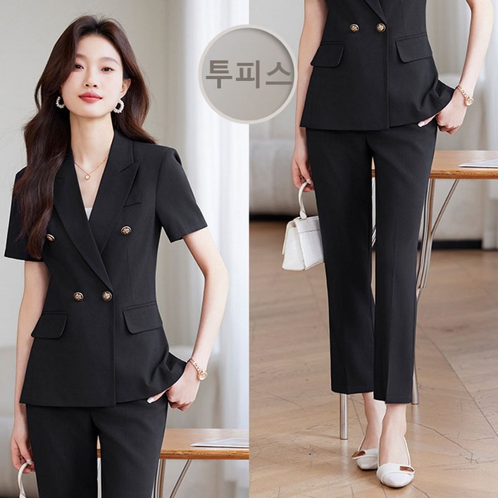 COSYEVNO 여름 여성 정장 세트 반팔 코트바지 오피스룩 슬림핏 면접 트렌드 시크 직장인 투피스
