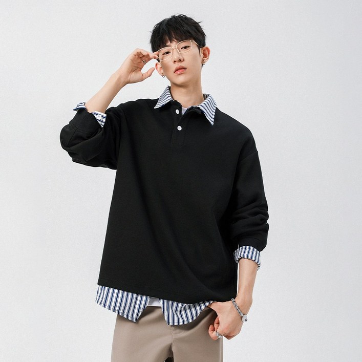 심플 남성 페이크 투피스 맨투맨 컬러블록 봄가을 보온 이너