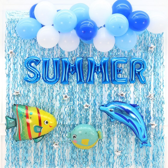 파티짱 여름 SUMMER 풍선 세트 파티 이벤트, 1개, SUMMER 여름 클라우드 풍선 커튼 세트(오션블루)