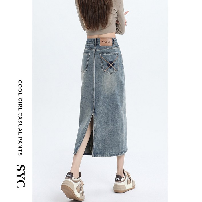 류룡 여성용 캐주얼 뒤 트임 미디 데님 스커트