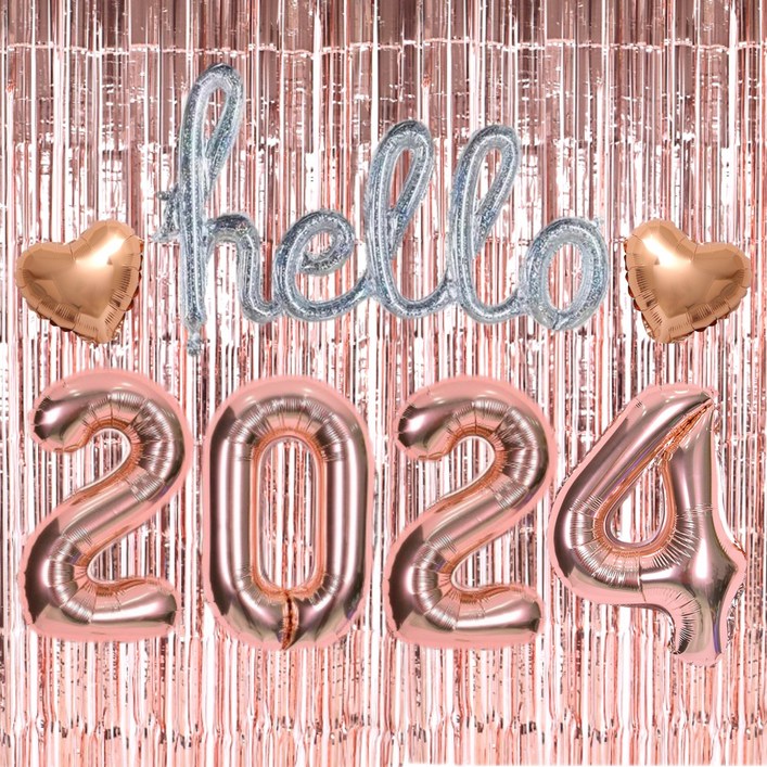 HELLO 2024 풍선 은박커튼 2P 하트 풍선, 로즈골드