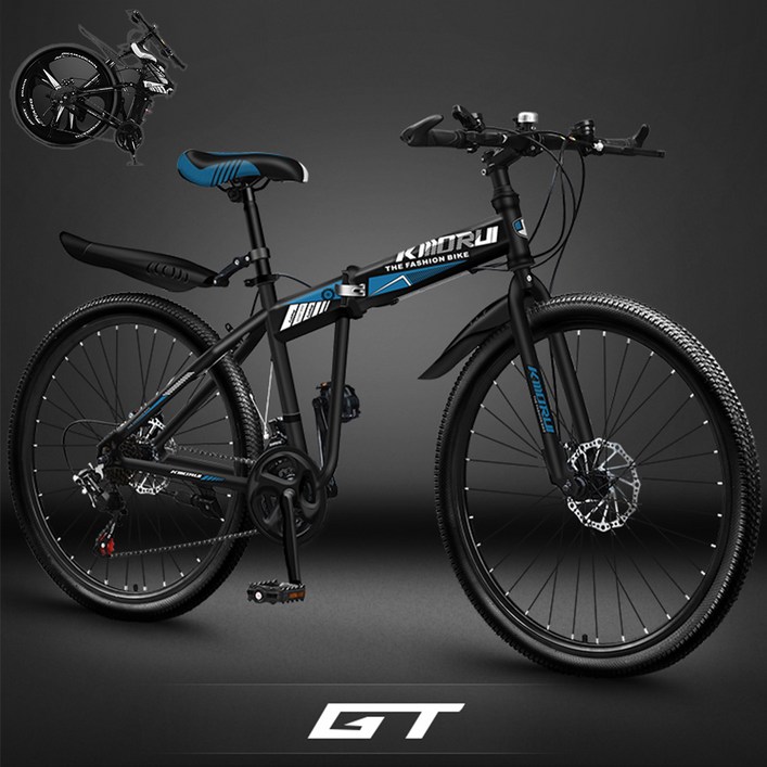 GT 충격흡수 MTB 산악 접이식 자전거 24인치 26인치 입문용 휴대용 가성비 출퇴근, 스포크휠 블랙 앤 블루, 1개, 67cm