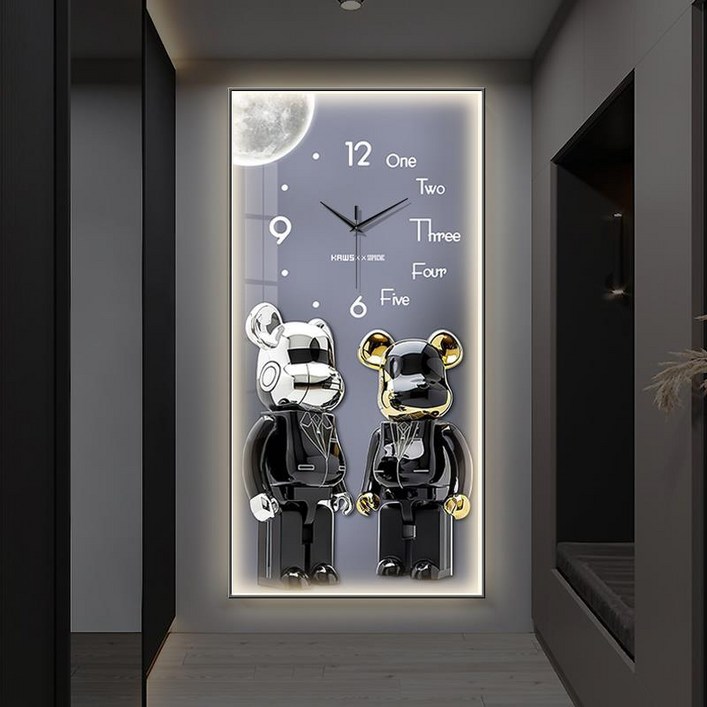 Uinox 곰돌이 시계 LED 무드등 대형 디자인 무소음 거실 고급 인테리어벽시계, 40x80cmA타입
