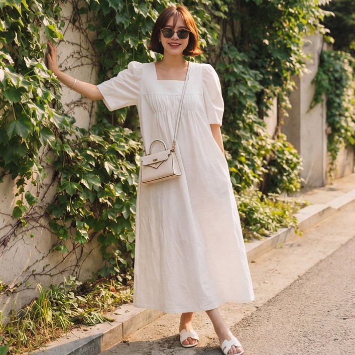 D1226 루반티 빅사이즈 여성 스퀘어넥 셔링 반소매 여름 롱원피스 44120