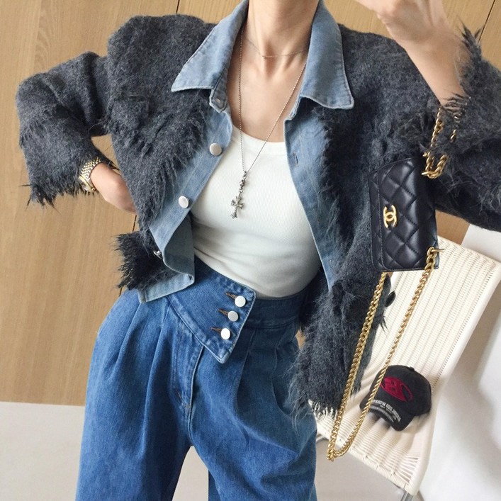 [아이미마인] 체스트 카라 데님 레이어드 루즈핏 가을 니트 청자켓 (2color)