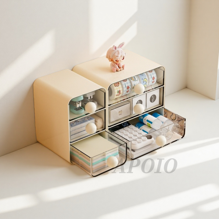 APOIO 다용도 서랍형 책상정리 수납함 데스크 서랍 정리함 오거나이저 학생문구 정리함 책상 오피스용품, 1개, 크림대형소형