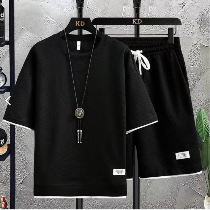 오스틱니 여름 남자 반팔 반바지 세트 와플 오버핏 5부 반팔 반바지 트레이닝 세트 빅사이즈남성의류 츄리닝세트 운동복세트